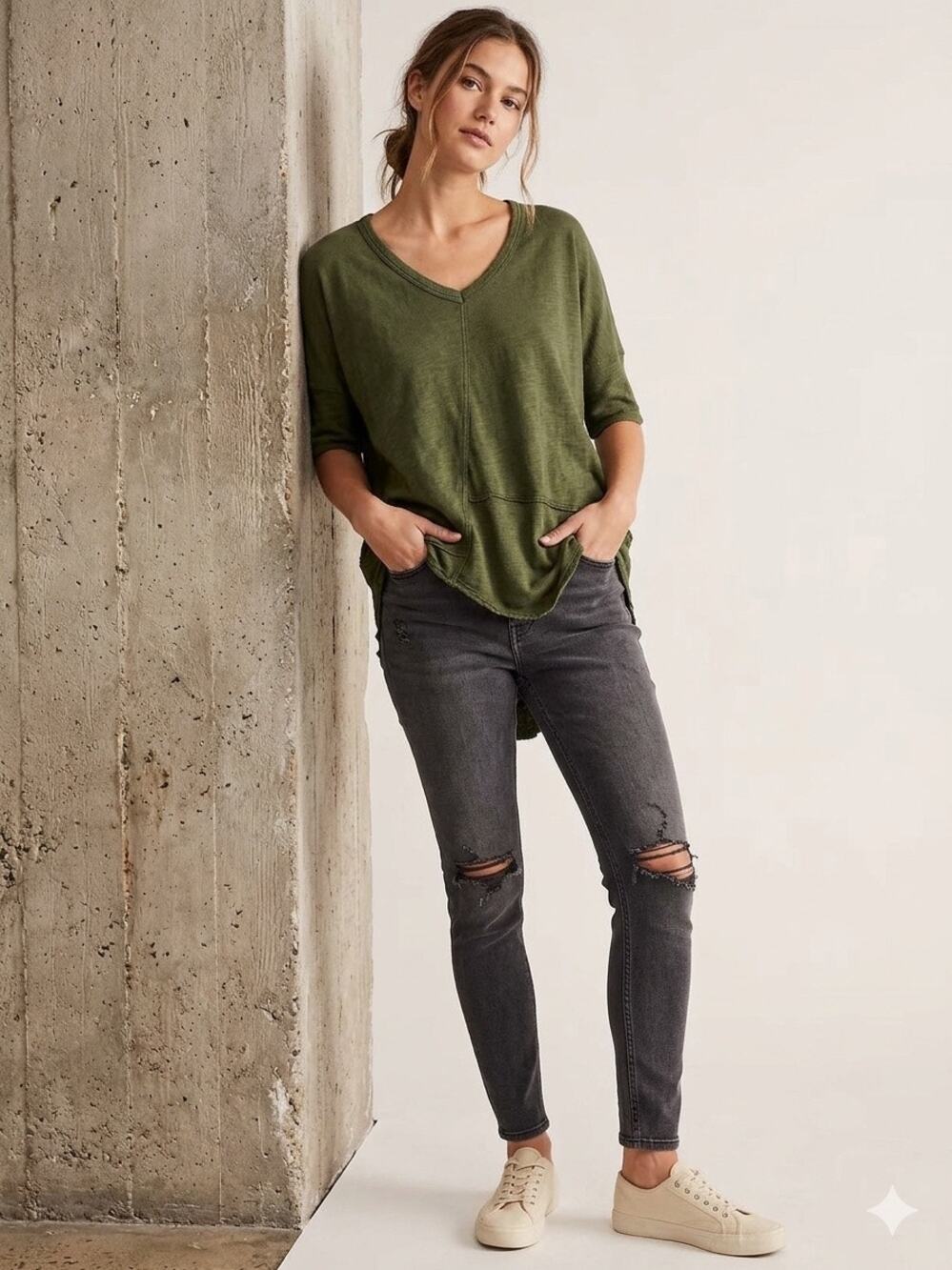Wilt Asymmetric Raw Edge Tee Olive Green Relaxed Draped Short Sleeve Blouse S